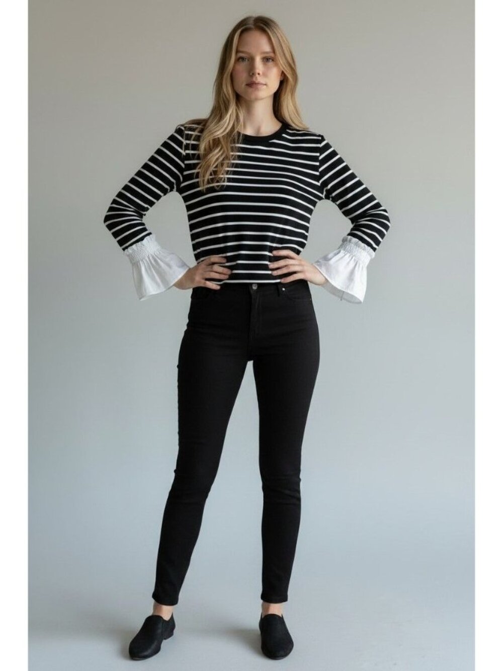 West K Women’s Woven-Ruffle-Cup Striped Knit Tee, Black and White, Sz. M